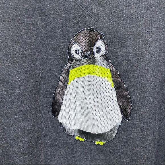 American Eagle Soft LS Scoop Neck Dark Gray Sweatshirt Sequin Penguin - Picture 2 of 5